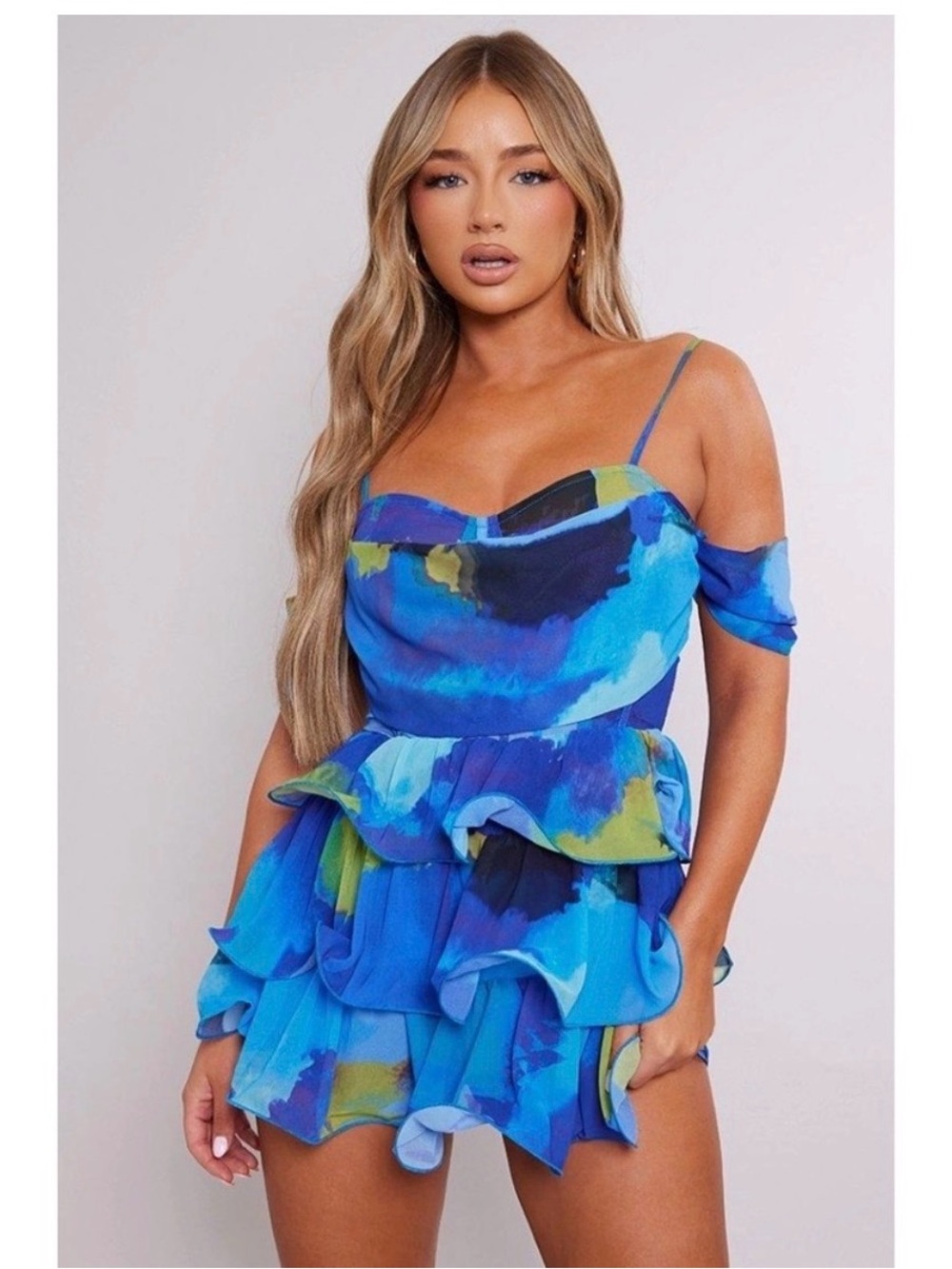prettylittlething watercolor abstract print chiffon bardot frill detail playsuit - Picture 2 of 6